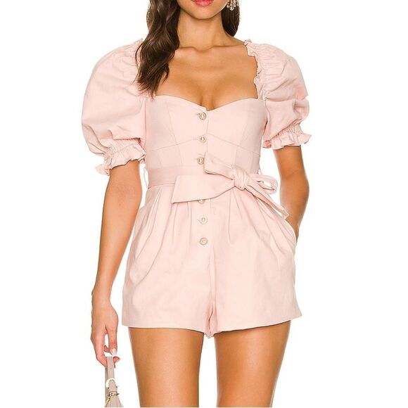 Majorelle Zosia Romper in Peachy Pink Puff Sleeve Tailored Revolve Cotton - Picture 1 of 14